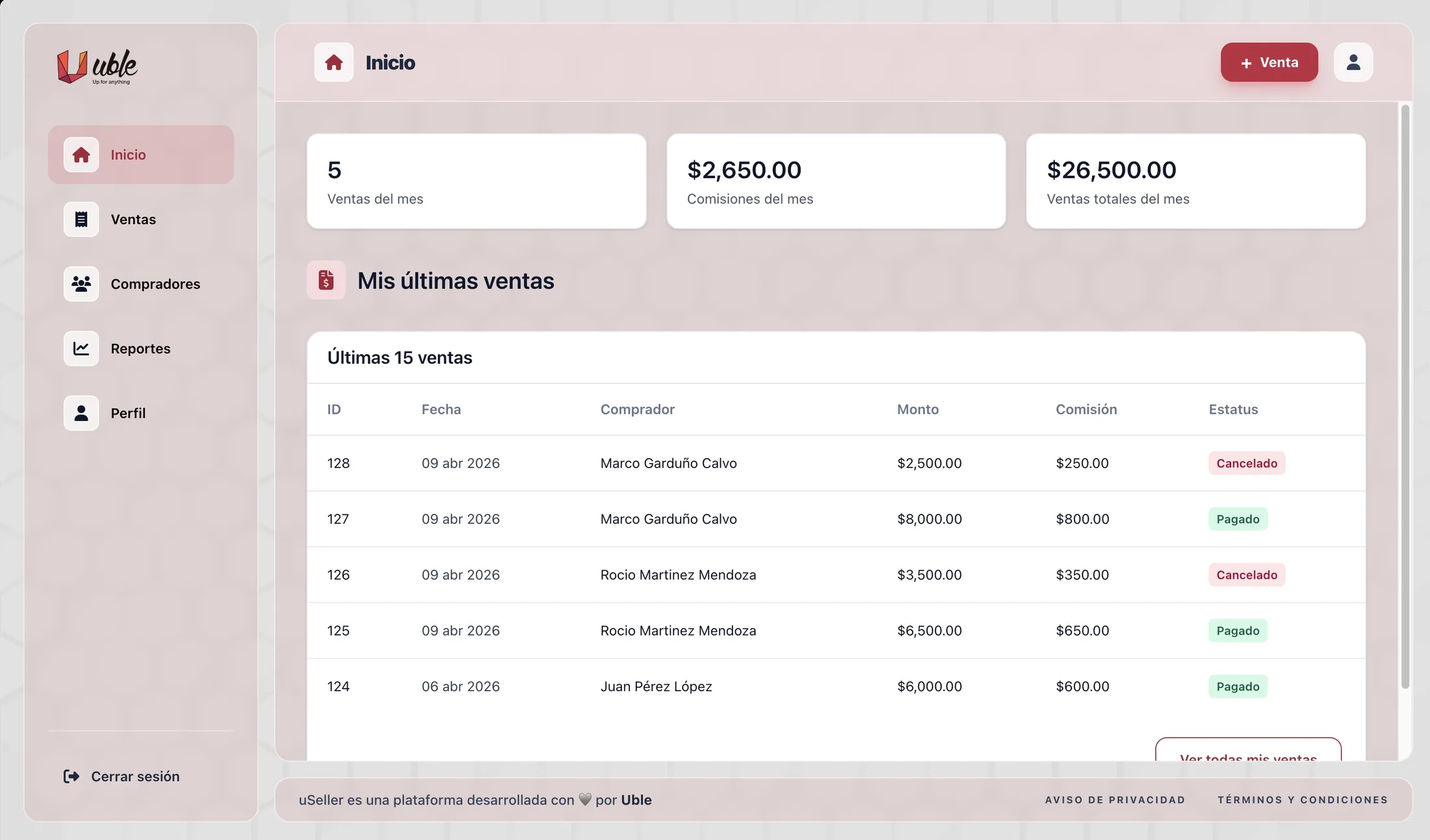 Registro de ventas por vendedor con detalle de cliente, producto y estatus de pago