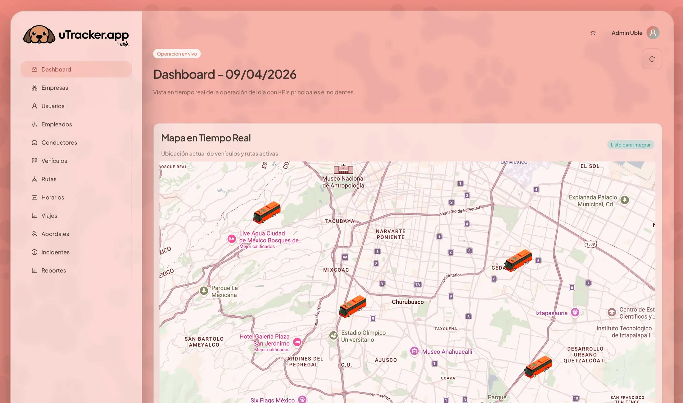 Monitoreo en tiempo real con ubicación GPS, historial de puntos y trazabilidad de recorridos
